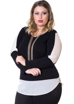 Marca: BerthageBlusa Plus Size Viscolycra com Recortes em ChiffonComposição do produto: Corpo: 94% viscose 6% elastano - Detalhes: 100% poliésterImportante:- Os acessórios utilizados na produção das... 