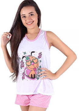 Baby-doll confeccionado em malha, tecido macio e confortável. Camiseta estampada e com alças largas, decote discreto com acabamento em viés. Shortinho todo estampado em poá,... 