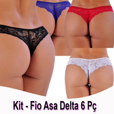 Kit Tanga Fio Asa Delta em Renda 6 Pç. Para elevar todos seus sentidos, sensual e provocante, de asas a sua vida, toda confeccionada em... 
