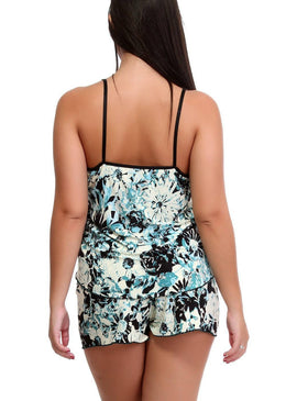 Short Doll Estampado Drapeado com detalhe em renda no bojo. 
