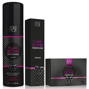 KIT SEX BOMB - PHEROMON FOR WOMAN - PERFUME + SABONETE + DESODORANTEPERFUME FEMININO SEX BOMB PHEROMONAlém de colônia desodorante para todo o corpo, essa... 