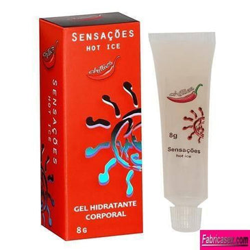 GEL HIDRATANTE CORPORAL SENSAÇÕES HOT ICE 8G - CHILLIES Gel excitante unissex. Esquenta e esfria um desejo quente e um friozinho gostoso. Aplicar na região íntima... 