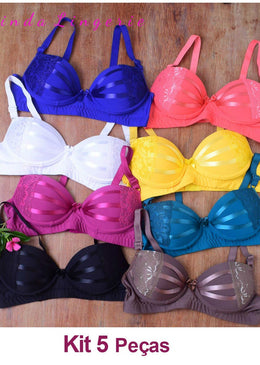 Kit Com 5 Sutiãs Plus Size em tamanhos variados.Buscamos sempre fazer a grade completa contendo 2 peças M, 2 G e 1 GG.Podendo varias de... 