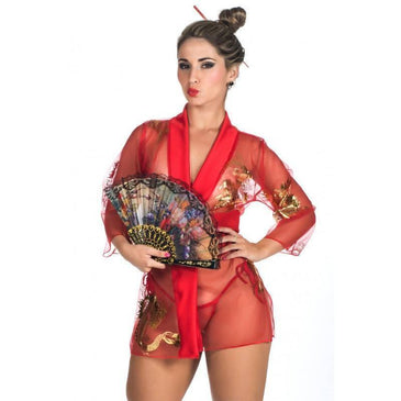 Sossegada atenciosa e meiga. Nascida para servir. Esse é o clima que a fantasia Gueixa transmite através desse maravilhoso robe de tule com estampas orientais... 