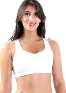 Top em Suplex de poliester estampado sem bojo com viés liso com abertura na parte de trás. 