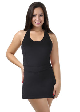 Vestido Short, em tecido de poliéster preto sem bojo,com sainha embutida. O comprimento perfeito para a prática de atividades físicas.Composição: 91% poliéster 9% elastanoMarca: Galvic FitnessCompre... 