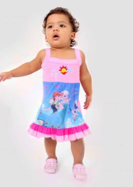 Vestido infantil sem manga estampado ideal para uso no dia a dia. Sugestão de venda: R$ 14,85 a R$19,80 unidade. Kit de 10 unidades com... 